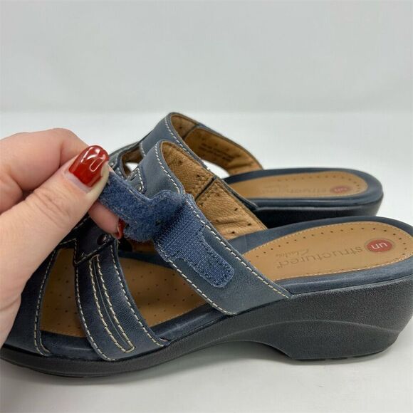 Clarks Unstructured Women's Blue Leather Slip On Wedge Sandals Size 9.5 Comfort - Picture 7 of 12